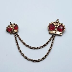 Vintage Jaykel Gold Vermeil Red Rhinestone Sterling Silver Crown & Chain Brooch